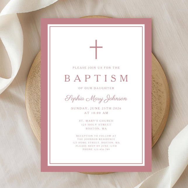 Convite Elegant Pink Cross Baby Girl Baptism (Elegant Pink Cross Baby Girl Baptism Invitation)