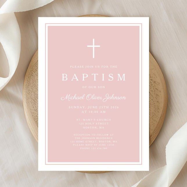 Convite Elegant Pink Cross Girl Baptism (Elegant Pink Cross Girl Baptism Invitation)