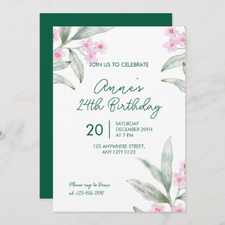 Convite Elegant Pink Floral 24th Birthday Invitation