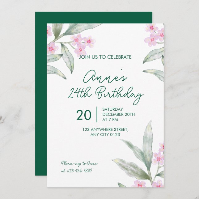 Convite Elegant Pink Floral 24th Birthday Invitation (Frente/Verso)