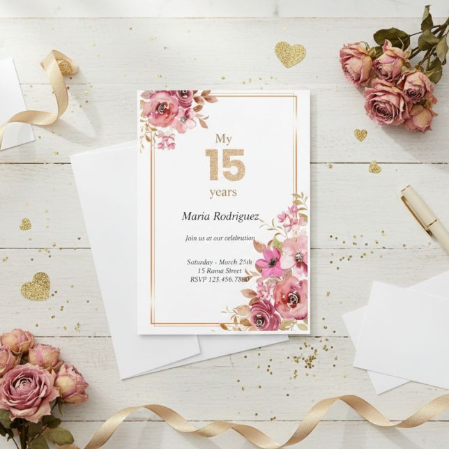 Convite Elegant Pink Floral and Gold Sweet 15 Invitation (Criador carregado)