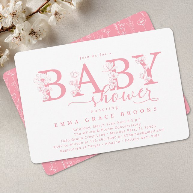 Convite Elegant Pink Floral Baby Shower Typography (Pink Floral Baby Shower Invite)