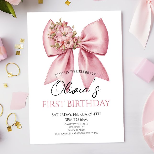 Convite Elegant Pink Floral Bow Birthday Party (Criador carregado)