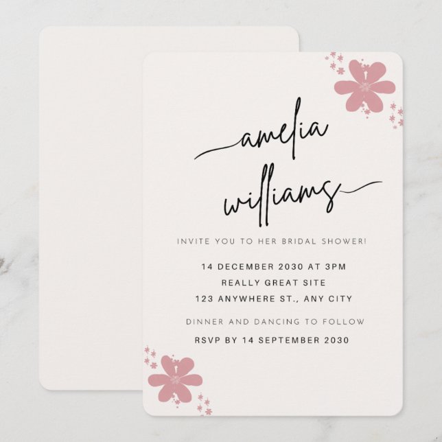 Convite Elegant Pink Floral Bridal Shower Invitation - Cus (Frente/Verso)