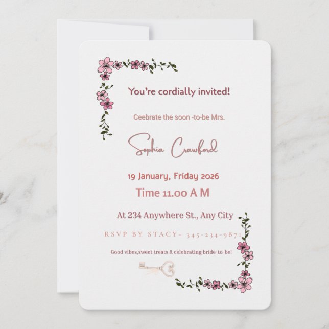 Convite Elegant Pink Floral Bridal Shower Invitation | Min (Frente)
