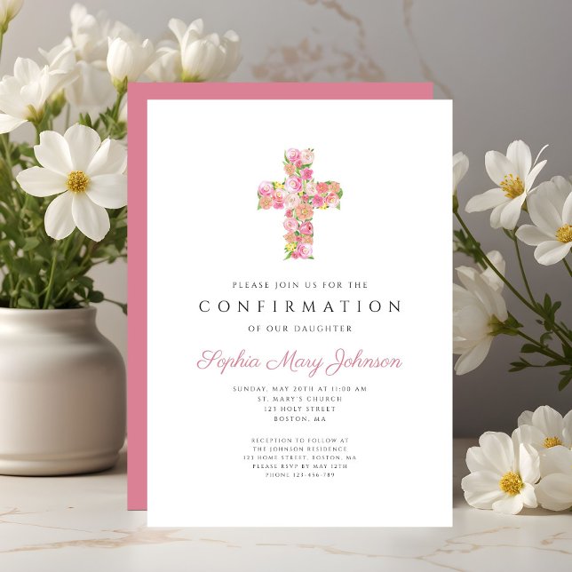Convite Elegant Pink Floral Cross Girl Confirmation (Elegant Pink Floral Cross Girl Confirmation Invitation)