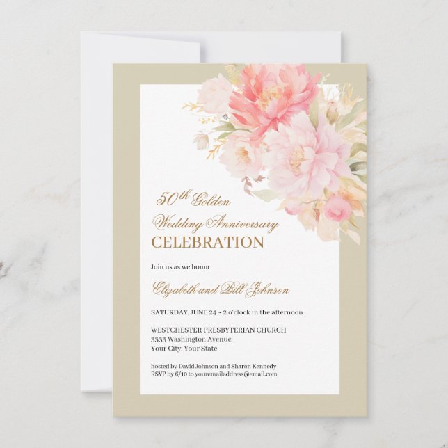 Convite Elegant Pink Floral Gold 50th Wedding Anniversary (Frente)