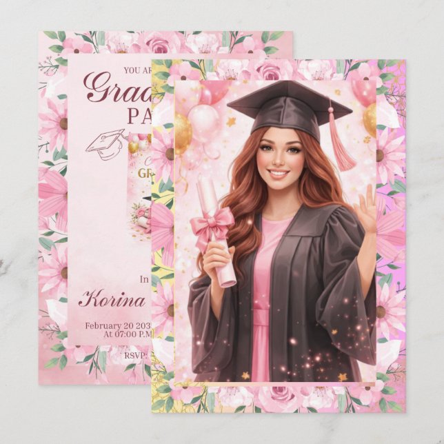 Convite Elegant Pink Floral Graduation Party Invitation (Frente/Verso)