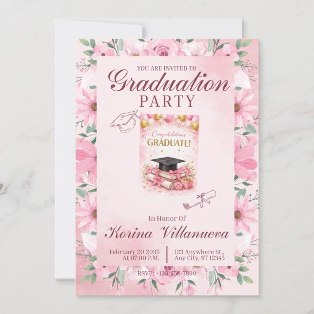Convite Elegant Pink Floral Graduation Party Invitation (Frente)