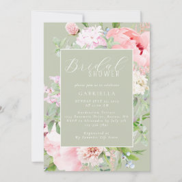 Convite Elegant Pink Floral Light Sage Green Bridal Shower