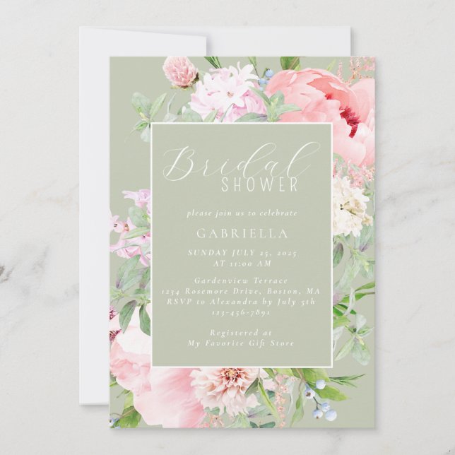 Convite Elegant Pink Floral Light Sage Green Bridal Shower (Frente)