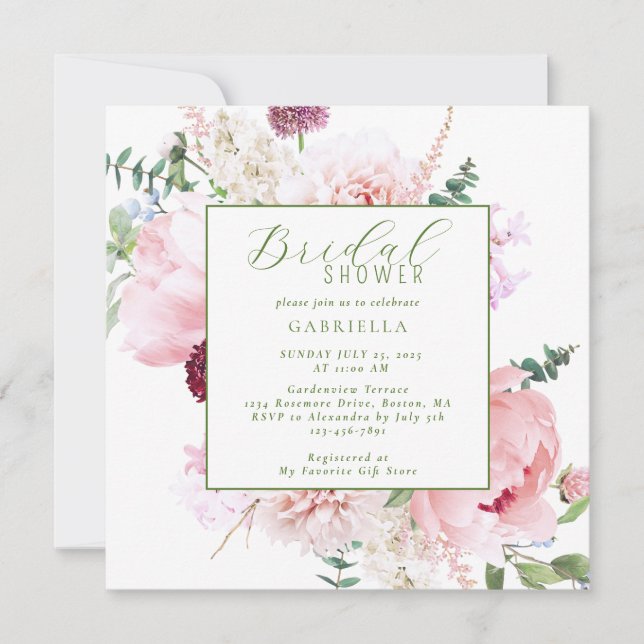Convite Elegant Pink Floral Light Sage Green Bridal Shower (Frente)