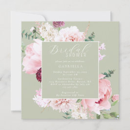 Convite Elegant Pink Floral Light Sage Green Bridal Shower