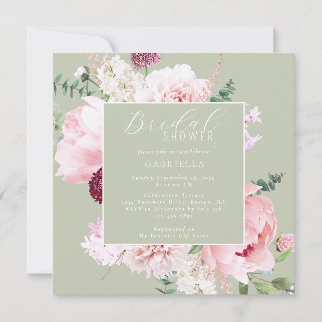 Convite Elegant Pink Floral Light Sage Green Bridal Shower (Frente)