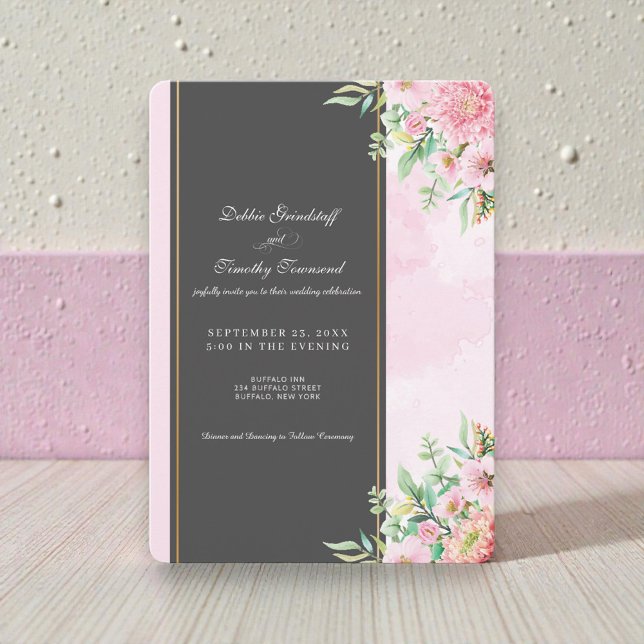 Convite Elegant Pink Floral Wedding Invitation  (Criador carregado)