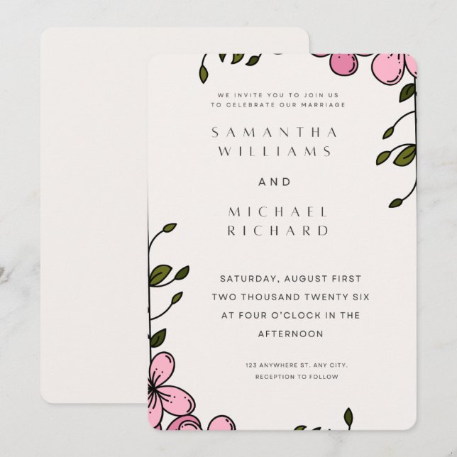 Convite Elegant Pink Floral Wedding Invitation - Customiza (Frente/Verso)