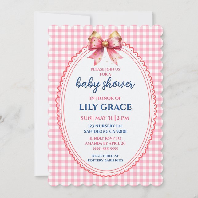 Convite Elegant Pink Gingham & Bow Baby Shower Invitation (Frente)