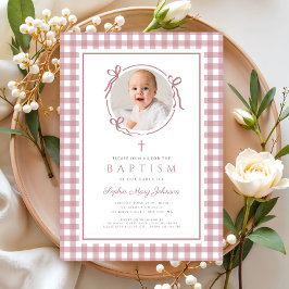 Convite Elegant Pink Gingham Bow Photo Girl Baptism