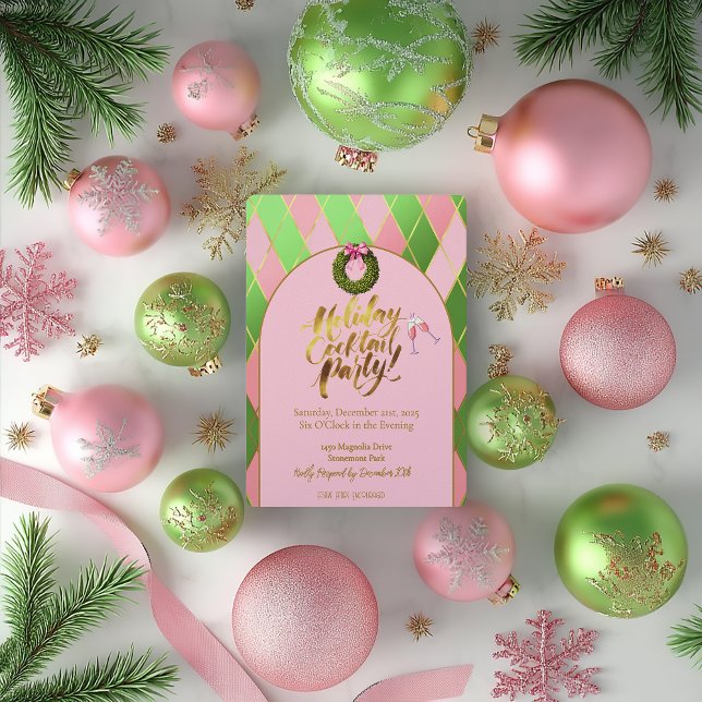 Convite Elegant Pink & Green Argyle Holiday Cocktail Party (Holiday Cocktail Party Pink and Green Argyle Holiday Party Invitation )