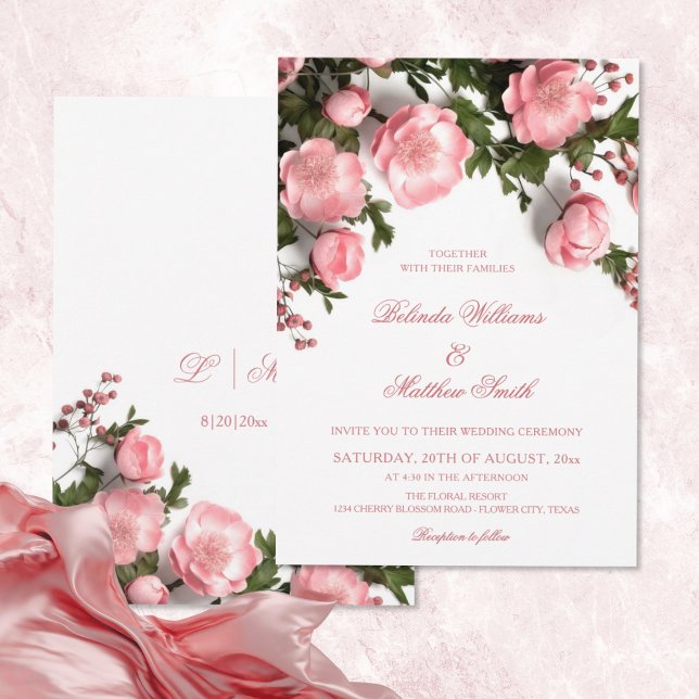 Convite Elegant Pink Greenery 3D Roses Wedding (Criador carregado)