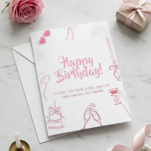 Convite Elegant Pink Happy Birthday Sketch Card (Criador carregado)