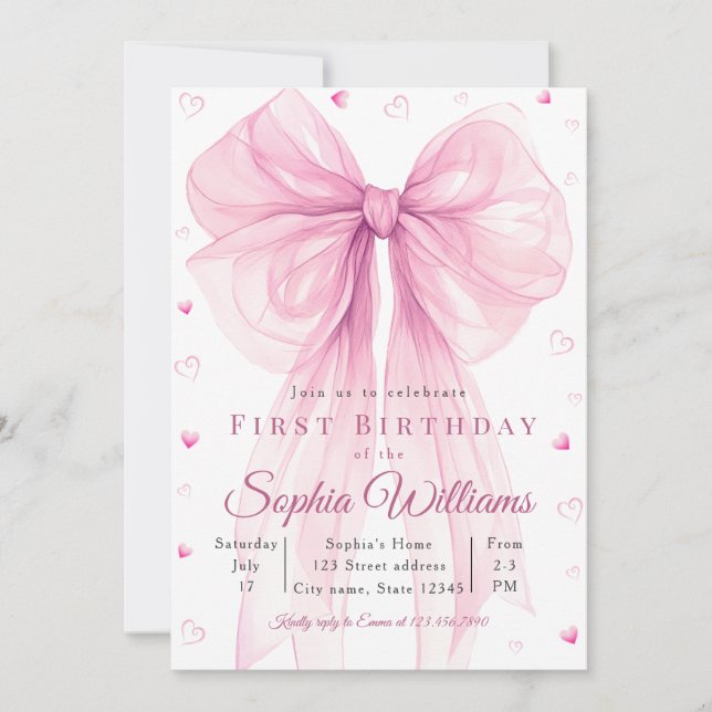 Convite Elegant Pink Heart Bow Baby Shower Invitation (Frente)