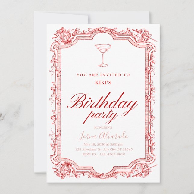 Convite Elegant Pink Martini Chic Adult Birthday Party (Frente)