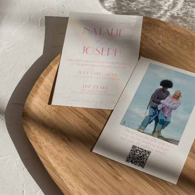 Convite Elegant Pink Minimalist Wedding Photo QR Code (Criador carregado)