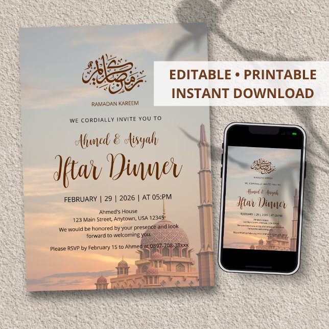 Convite Elegant Pink Mosque Sunset Iftar Dinner Invitation (Criador carregado)
