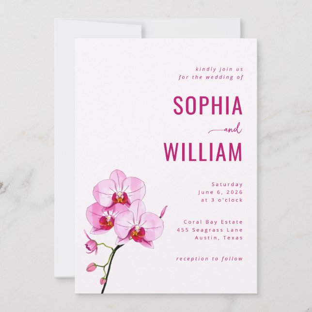 Convite Elegant Pink Orchid Wedding Invitation (Frente)