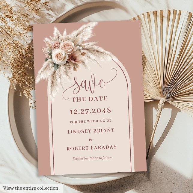 Convite Elegant Pink Pampas Grass Wedding Save the Date (Elegant Pink Pampas Grass Wedding Save the Date)