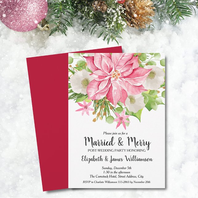 Convite Elegant Pink Poinsettia Christmas Wedding Brunch (Elegant Pink Poinsettia Christmas Married & Merry Post-Wedding Brunch Invitations)