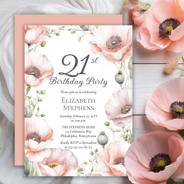 Convite Elegant Pink Poppies Floral 21st Birthday Party (Boho Elegant Pale Pink Poppies Floral 21st Birthday Party Invitation - Print | Digital Download)