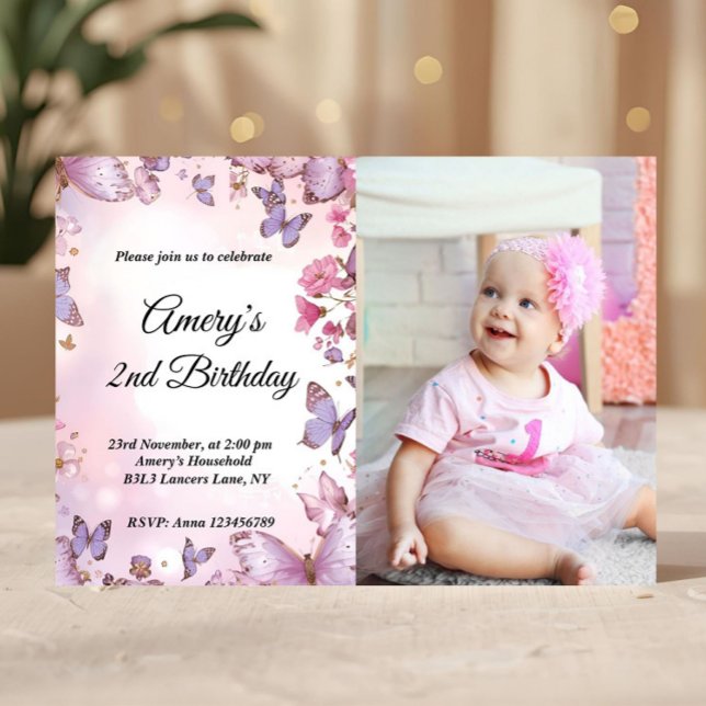 Convite Elegant Pink Purple Butterfly Birthday Photo (Criador carregado)