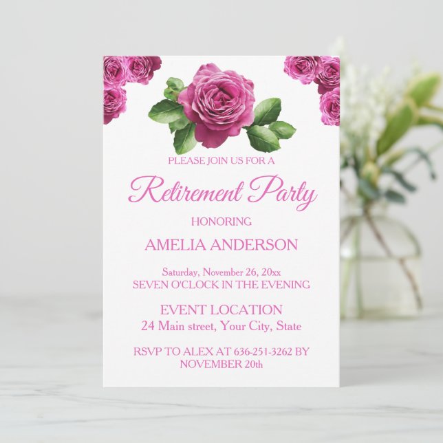 Convite Elegant Pink Roses Floral retirement party  (Em pé/Frente)