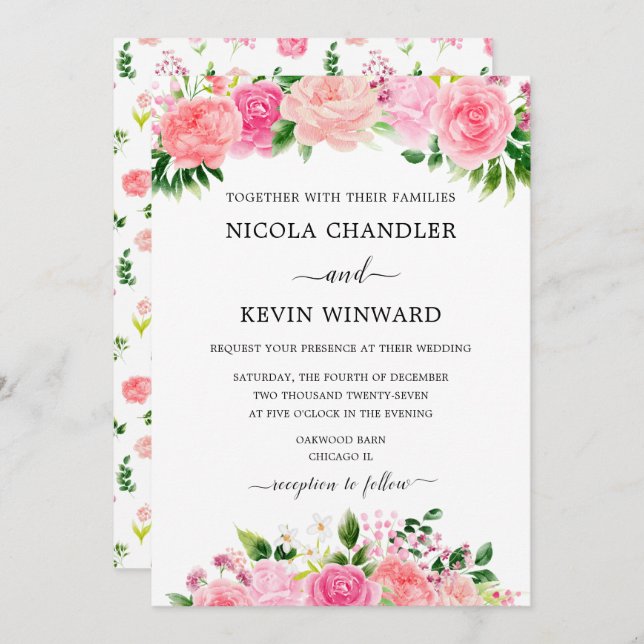 Convite Elegant Pink Roses Floral Wedding (Frente/Verso)