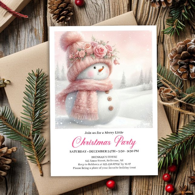 Convite Elegant Pink Snowman Kids Editable Digital Xmas (Elegant Pink Snowman Kids Editable Digital Christmas Invitation

)