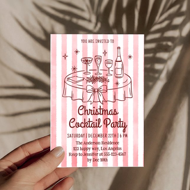 Convite Elegant Pink Striped Christmas Cocktail Party (Criador carregado)