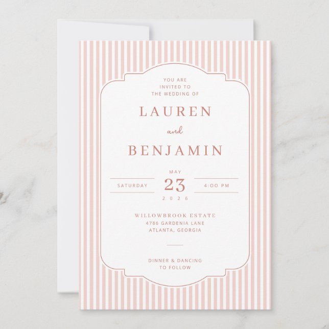 Convite Elegant Pink Striped Wedding Invitation (Frente)