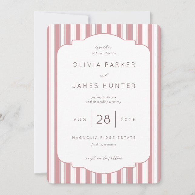 Convite Elegant Pink Stripes Wedding Invitation (Frente)