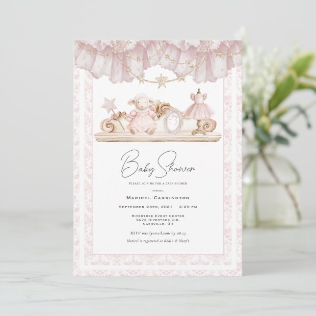 Convite Elegant Pink Toile Vintage Whimsical Baby Shower (Em pé/Frente)