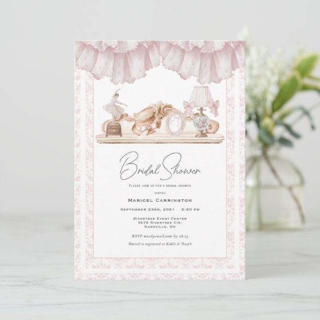 Convite Elegant Pink Toile Vintage Whimsical Bridal Shower (Em pé/Frente)