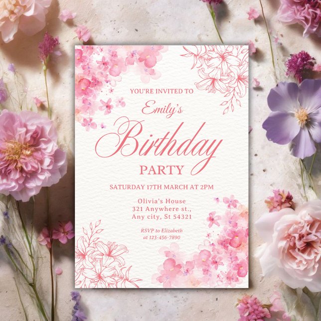 Convite Elegant Pink Watercolor Floral Birthday Party (Criador carregado)