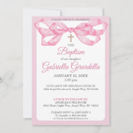 Convite Elegant Pink Watercolor Ribbon Bow Baptism