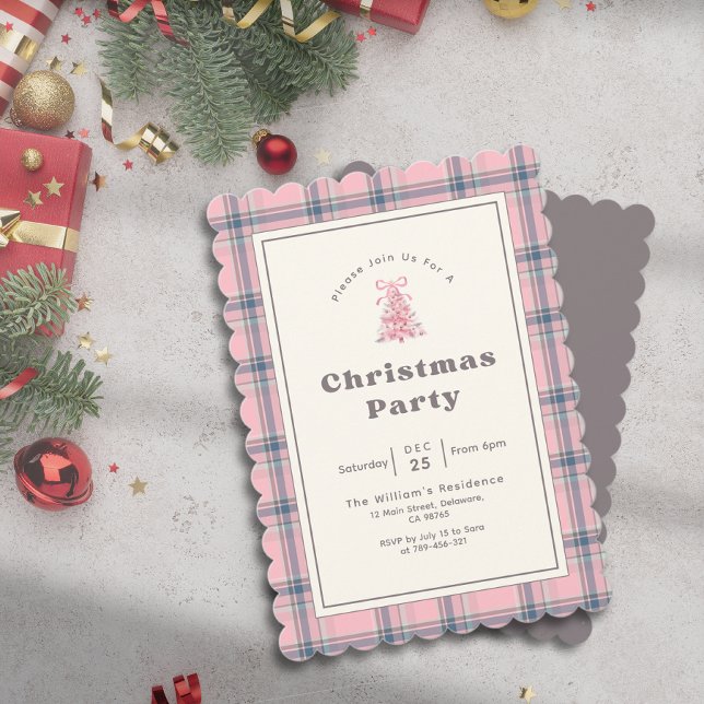 Convite Elegant Pink Watercolor Tree Plaid Christmas Party (Elegant Pink Watercolor Tree Plaid Christmas Party Invitation)