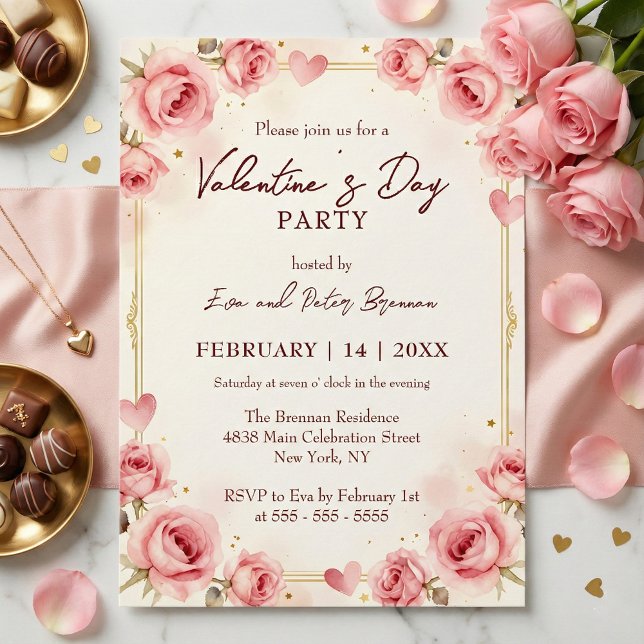 Convite Elegant Pink Watercolor Valentine's Day Party (Criador carregado)