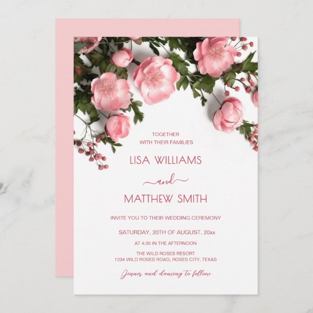 Convite Elegant Pink White 3D Roses Wedding (Frente/Verso)