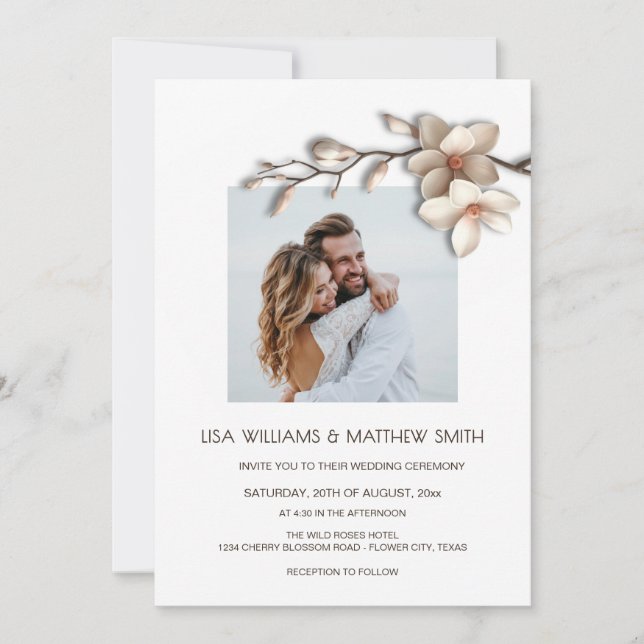 Convite Elegant Pink White 3D Roses Wedding (Frente)