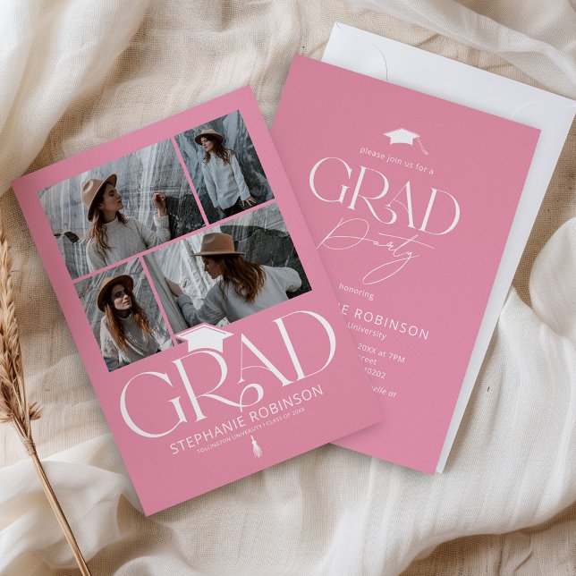 Convite Elegant Pink & White 4 Photo Graduation Party (Criador carregado)