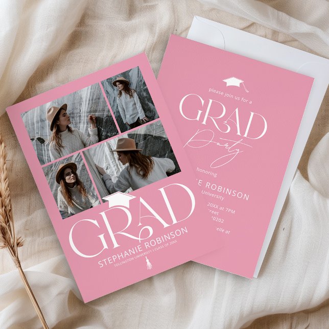 Convite Elegant Pink & White 4 Photo Graduation Party (Criador carregado)